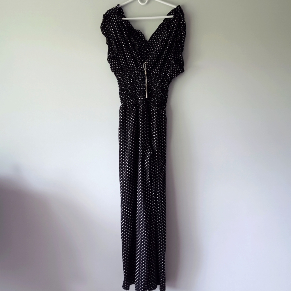 NEW Max Studio Jumpsuit Faux Wrap Wide Leg Black White Polka Dot Cap Sleeve XL
